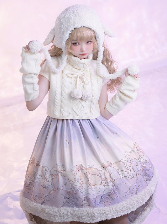 ケーブルデザインハイネックニット + ニットレッグウォーマー + ファンシーロリータドレス