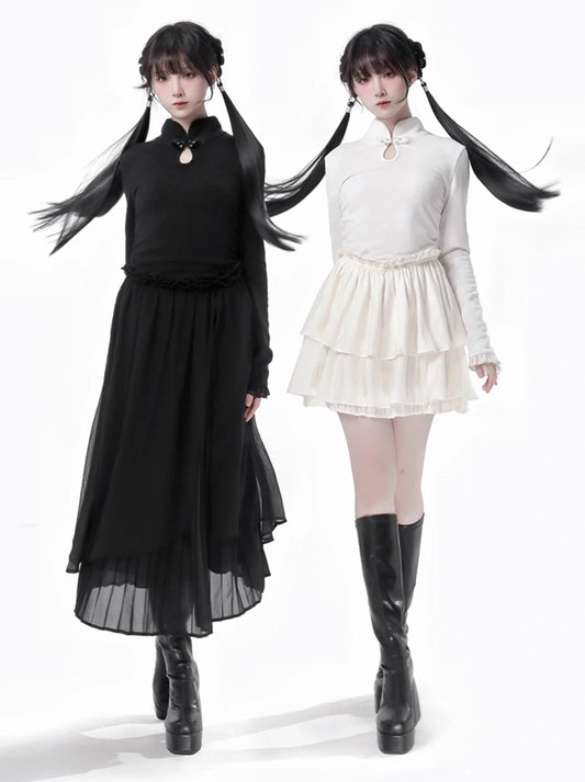 チャイナホイト ブラックニット スプリングウエスト フリル トゥルドレス