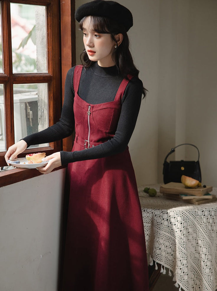Slim Knit Retro Half + Suspender Turtleneck Skirt