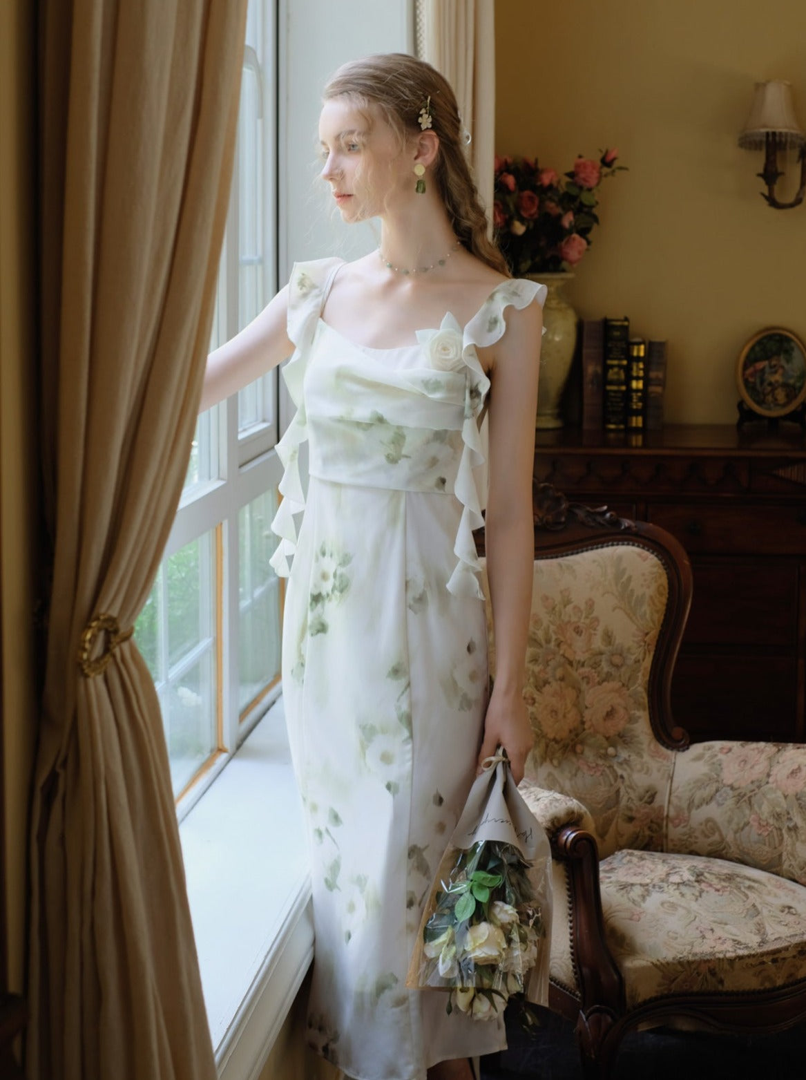 Skirt Top Green Camisole Flower Sheer + Chiffon