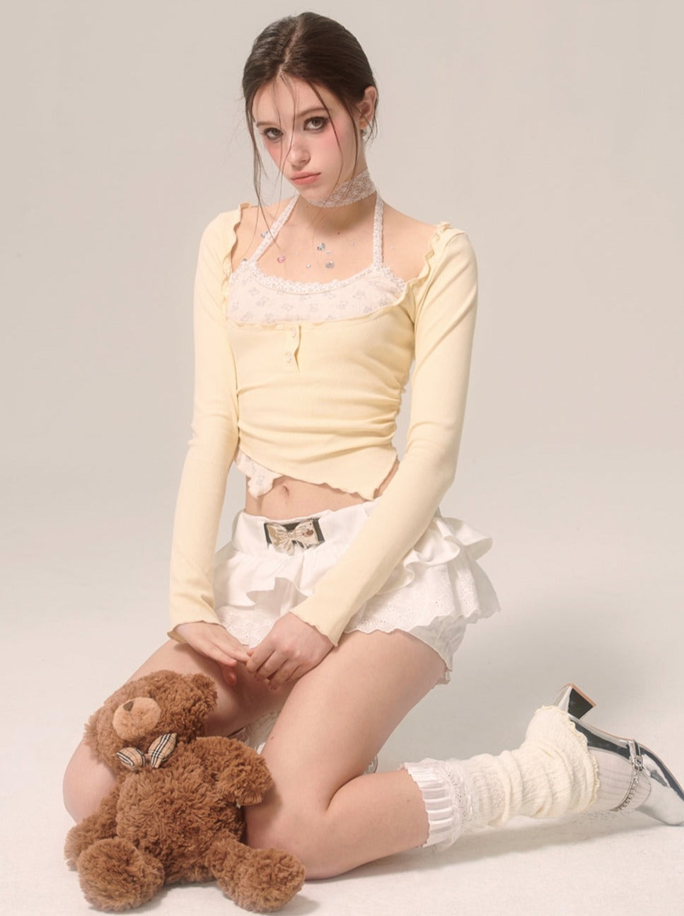 Milky Faux Piece Cream Eye Halter Two Top Neck Yellow
