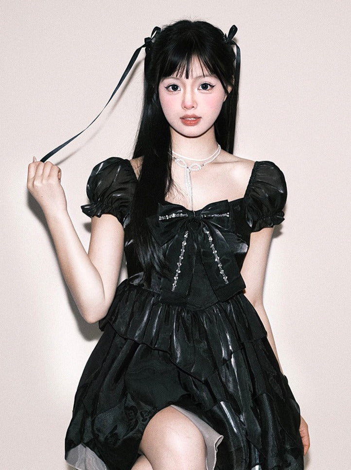 Sleeveless Bow Black Puff Ribbon Dress