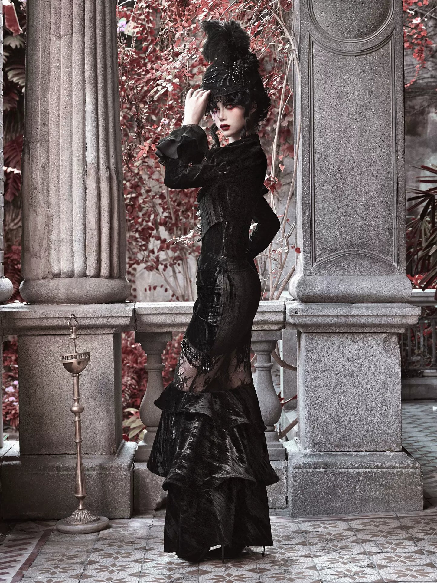 Mermaid Dutchess Gothic Hugging Hip Sheer Velvet Lace Skirt
