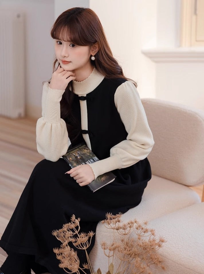 Piece Collar High Dress Half Two Contrast Faux