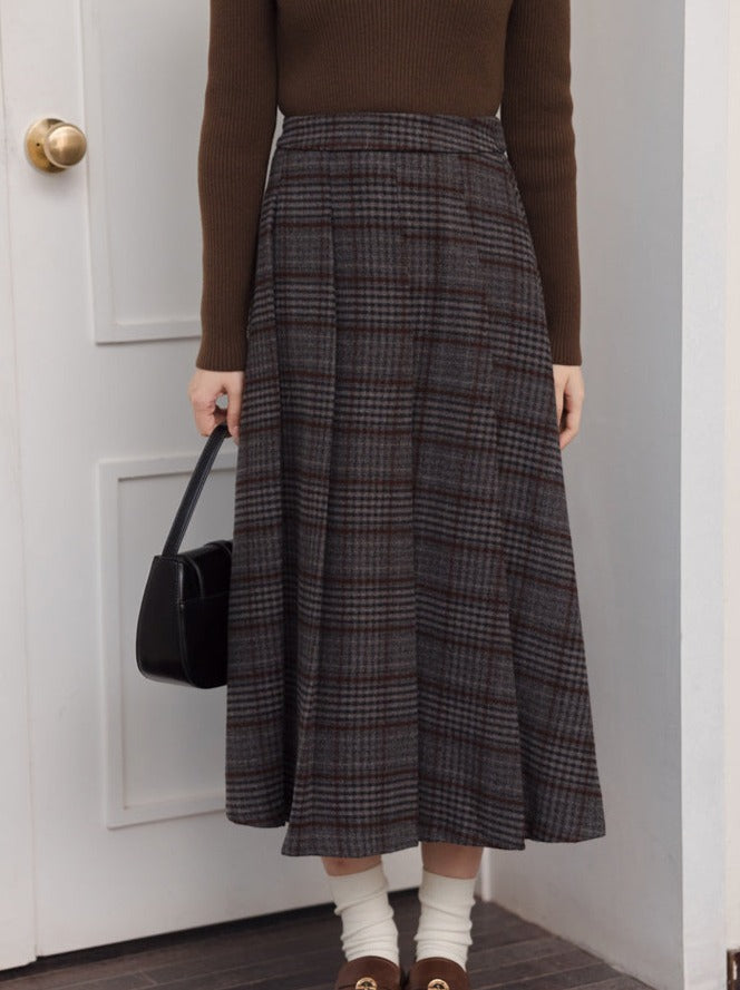 Gray Skirt Check Pleated Long Retro