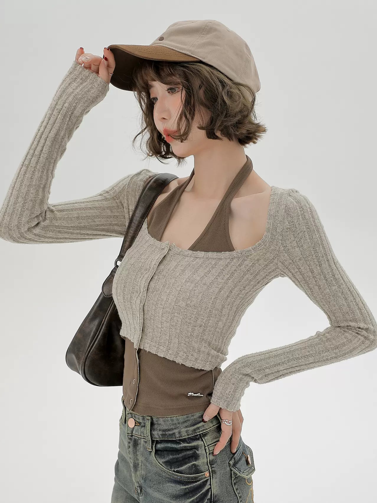 Neck Retro Piece Faux Slim Top Two American Halter