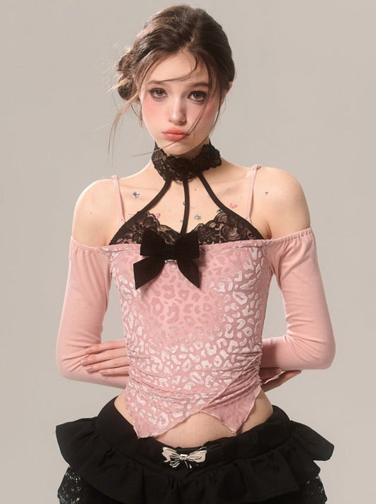 レースネックレオパードホルターネックトップス