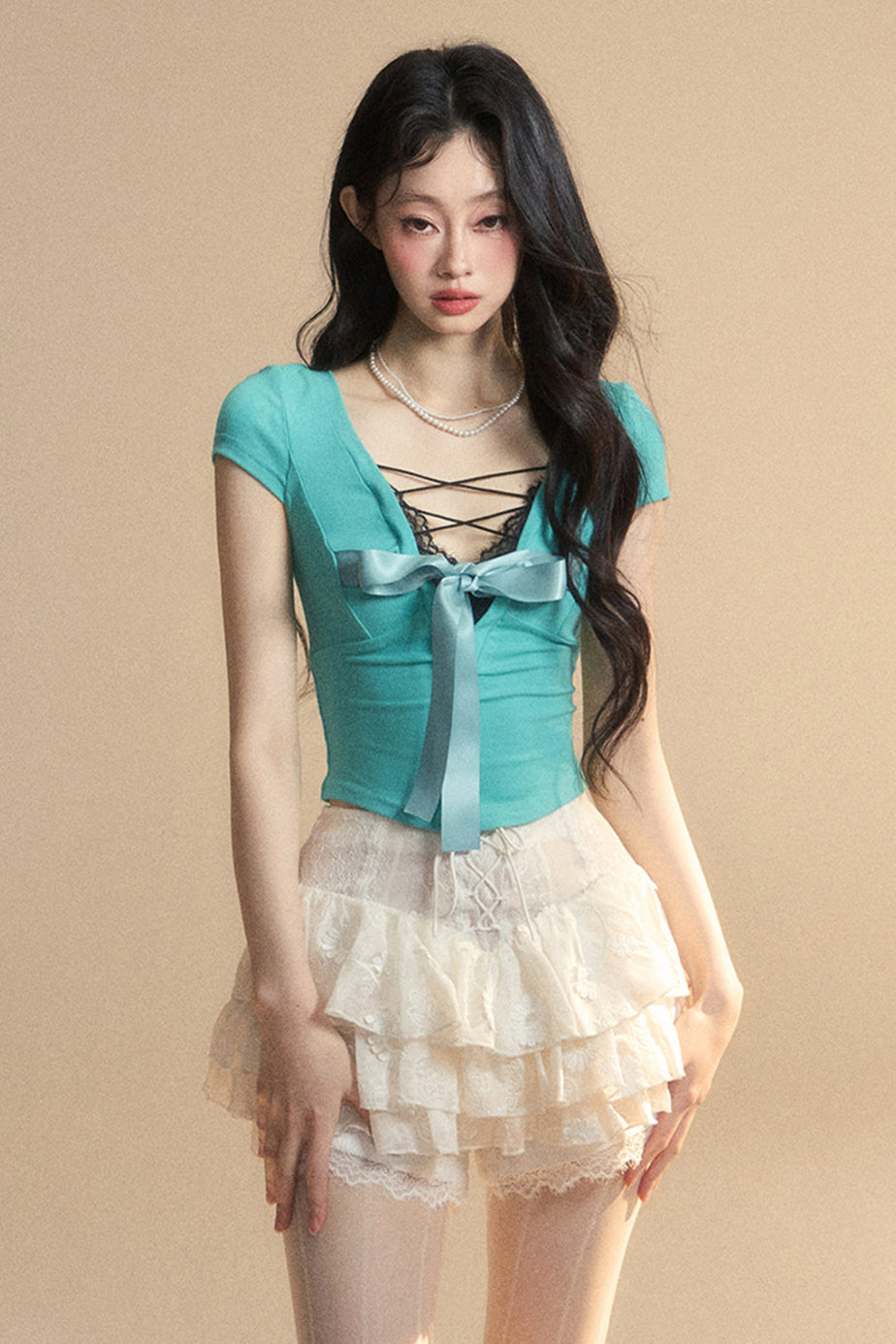Top Reservations Ribbon Trim Lace Chic Crop