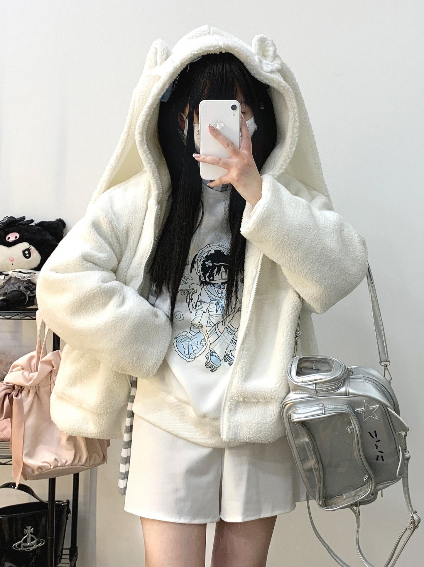 Veste zippée en peluche à oreilles de lapin gourmandes courtes/longues