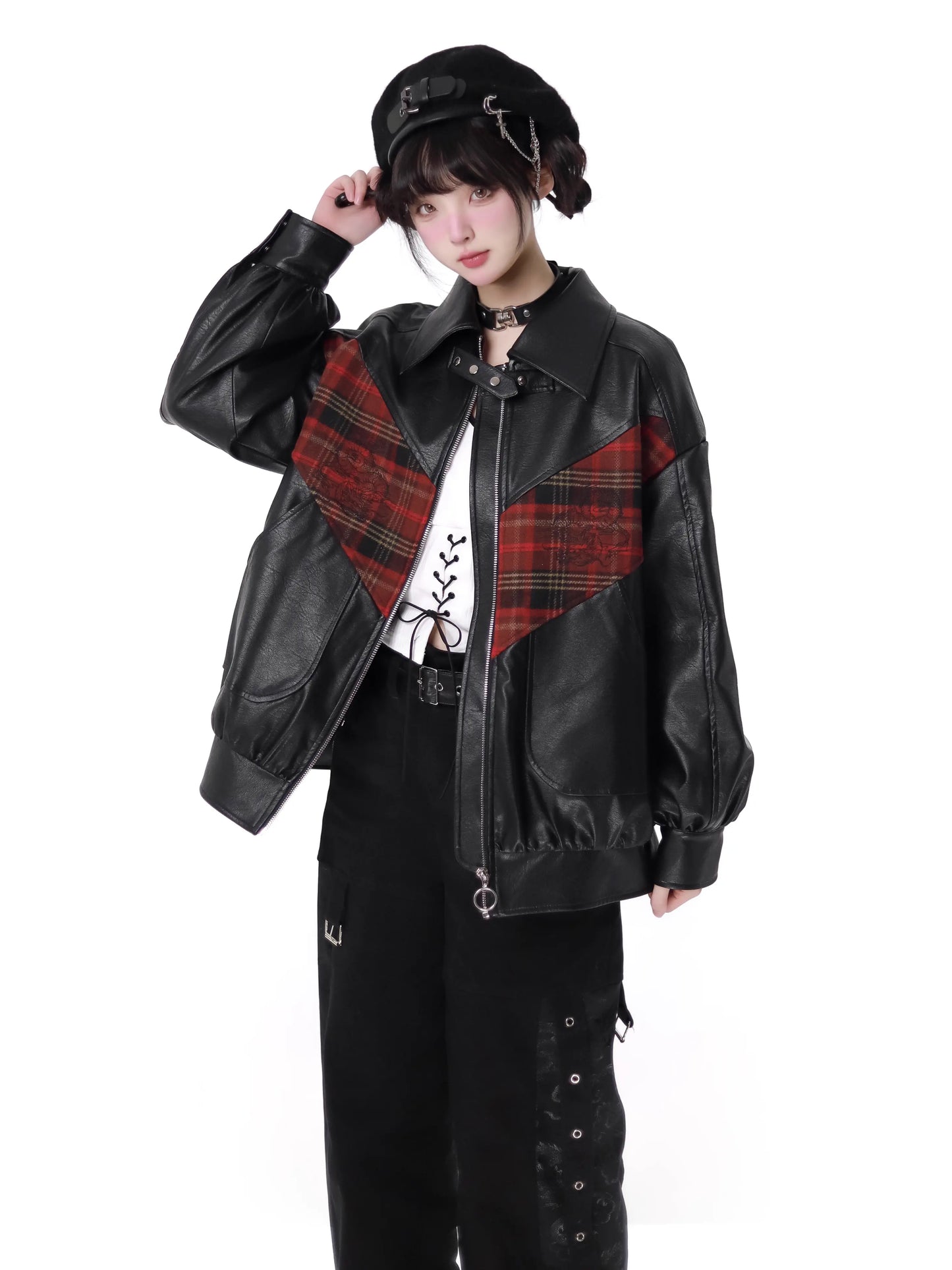 Anzugjacke aus Samt und Leder mit Drachenkaromuster