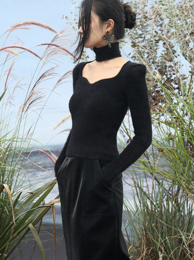 Pull ras du cou à col licou en tricot
