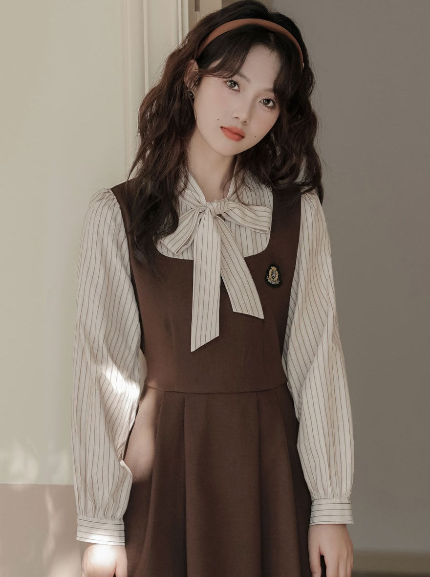 Striped Style Dress Splicing Faux College