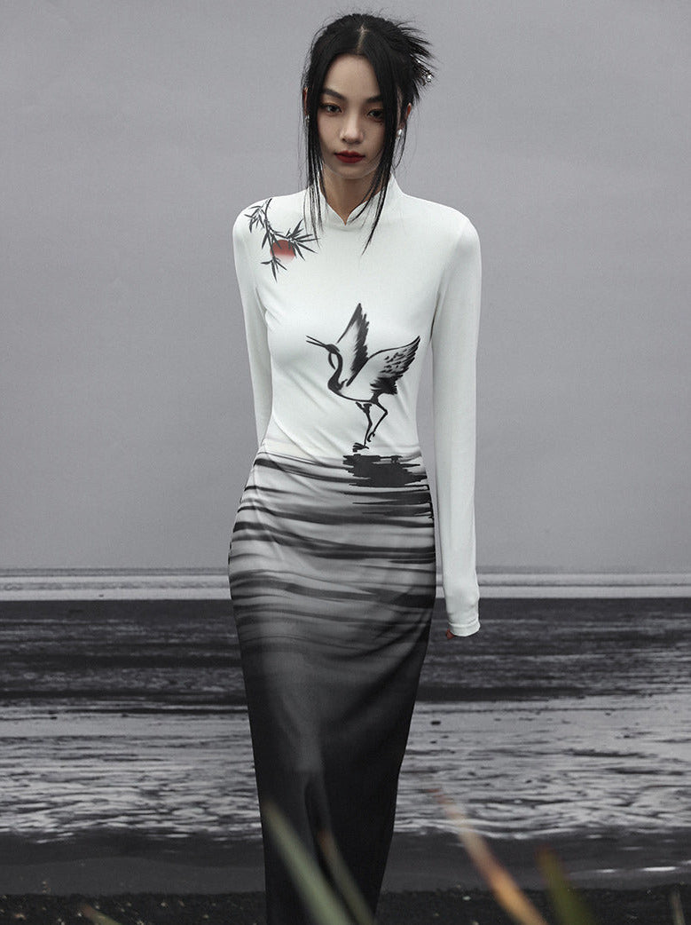 Long Dress Painting Knit Slim China Print Ink