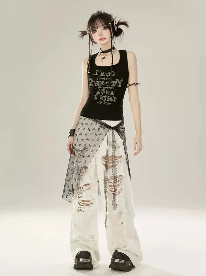 Tank Letter Black Top American Design Print