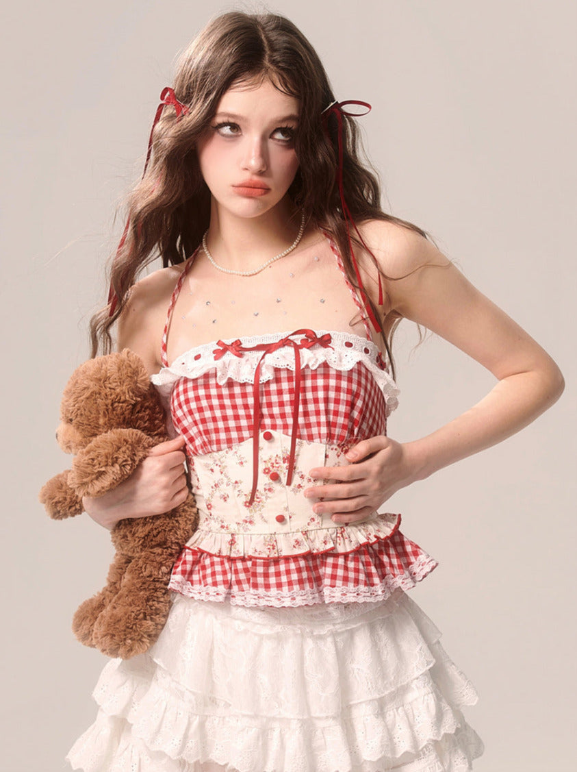 Strawberry Top Neck Cake Suspender Check Lace Halter