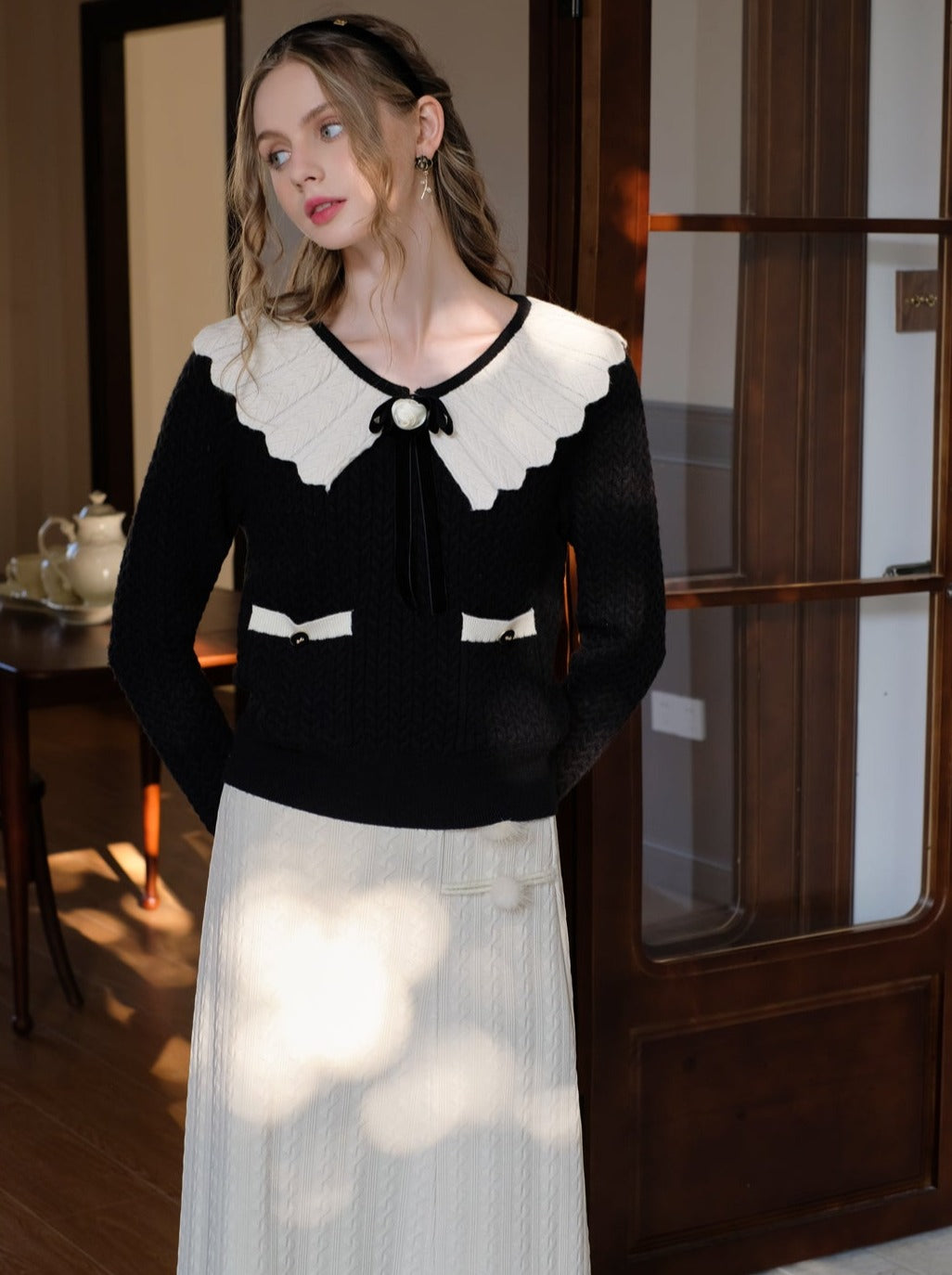 Sweater Block Web Ribbon Retro Lapel French Color Cardigan