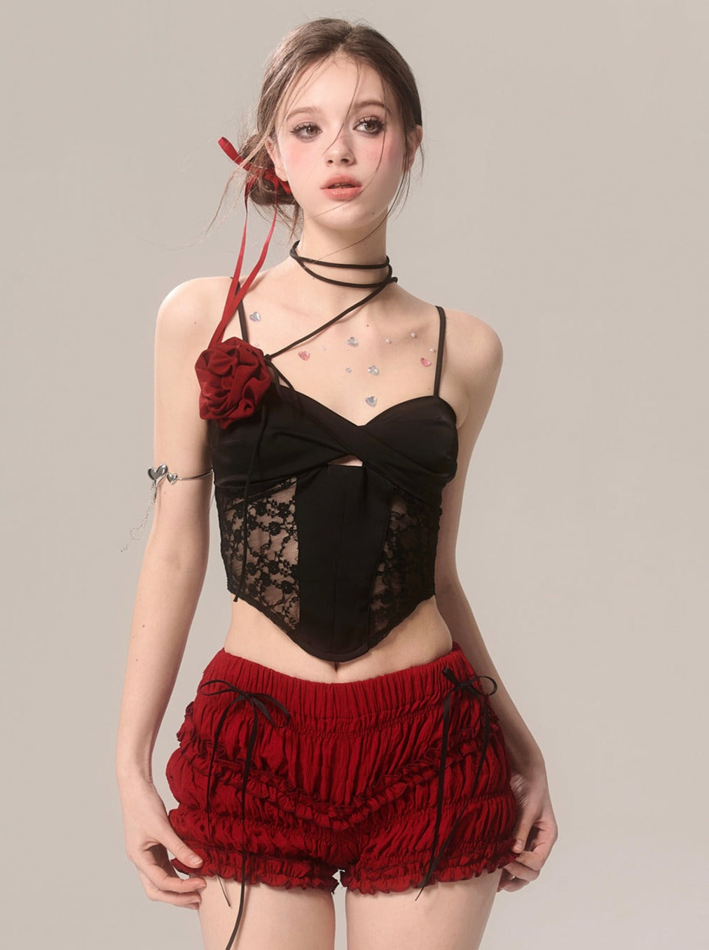 Ruffle Cherry Shorts Red