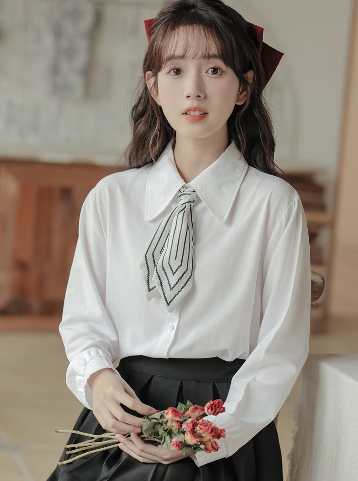 Scarf + Lapel Long Shirt Skirt Pleated