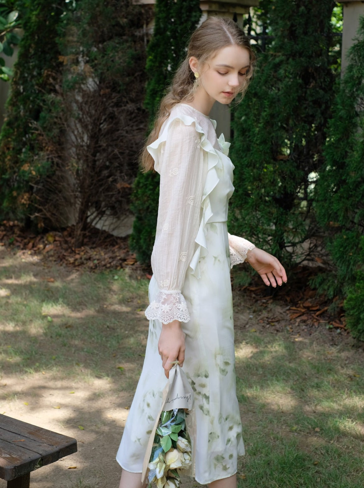 Skirt Top Green Camisole Flower Sheer + Chiffon