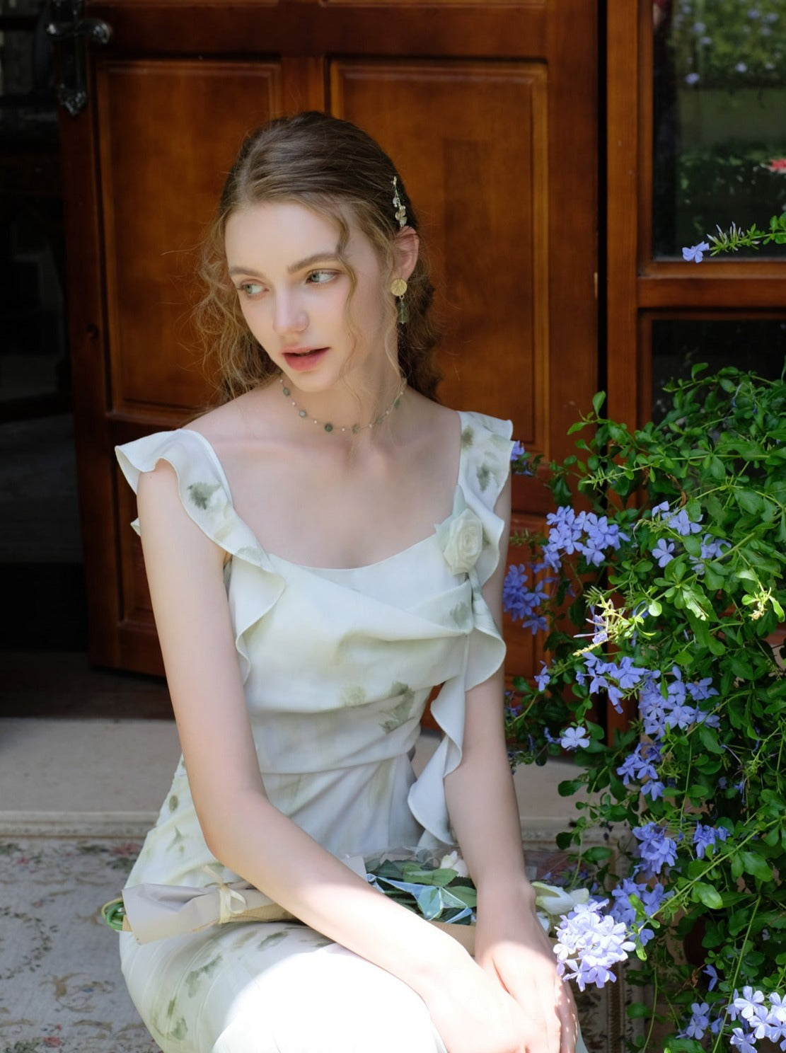 Skirt Top Green Camisole Flower Sheer + Chiffon
