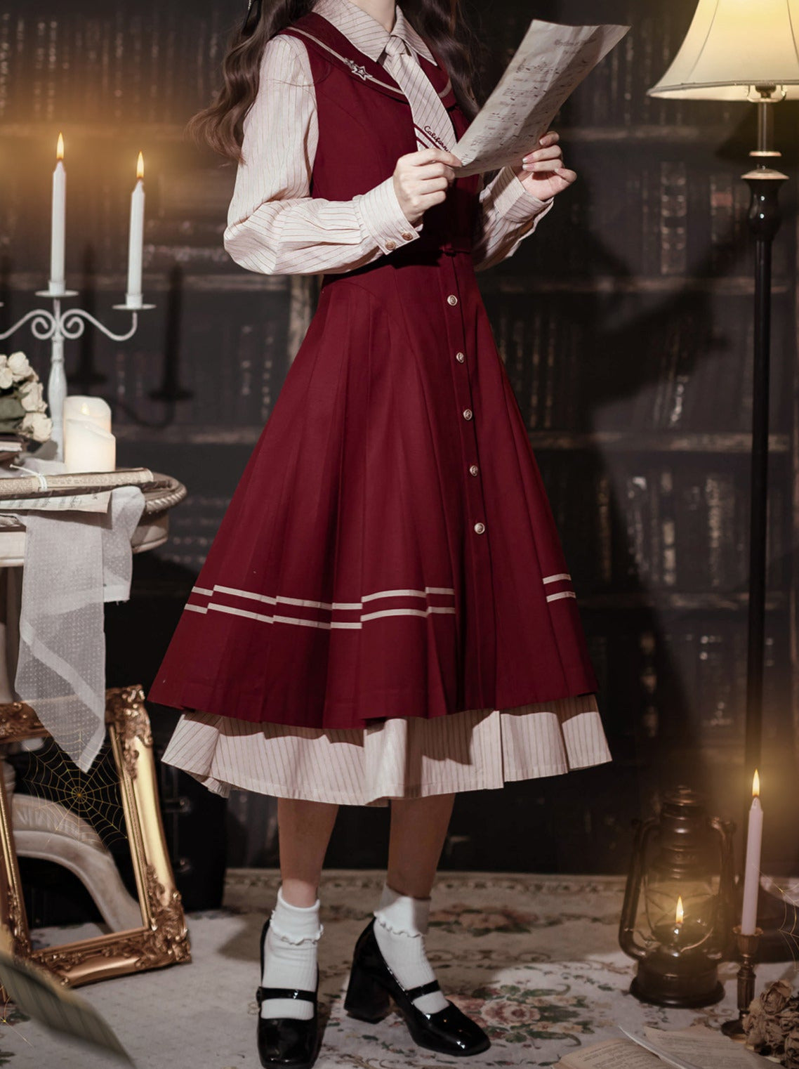 Shirt Dress Color + Tie Pleated Navy Suit Striped Badge Retro Magic Dress Academy
