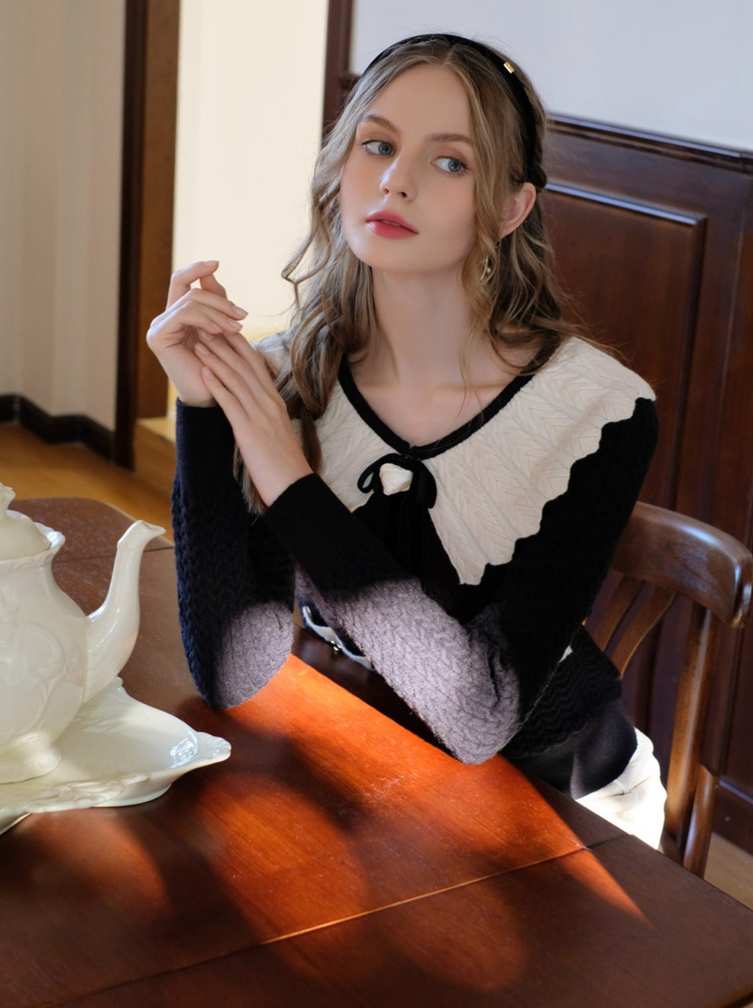 Sweater Block Web Ribbon Retro Lapel French Color Cardigan
