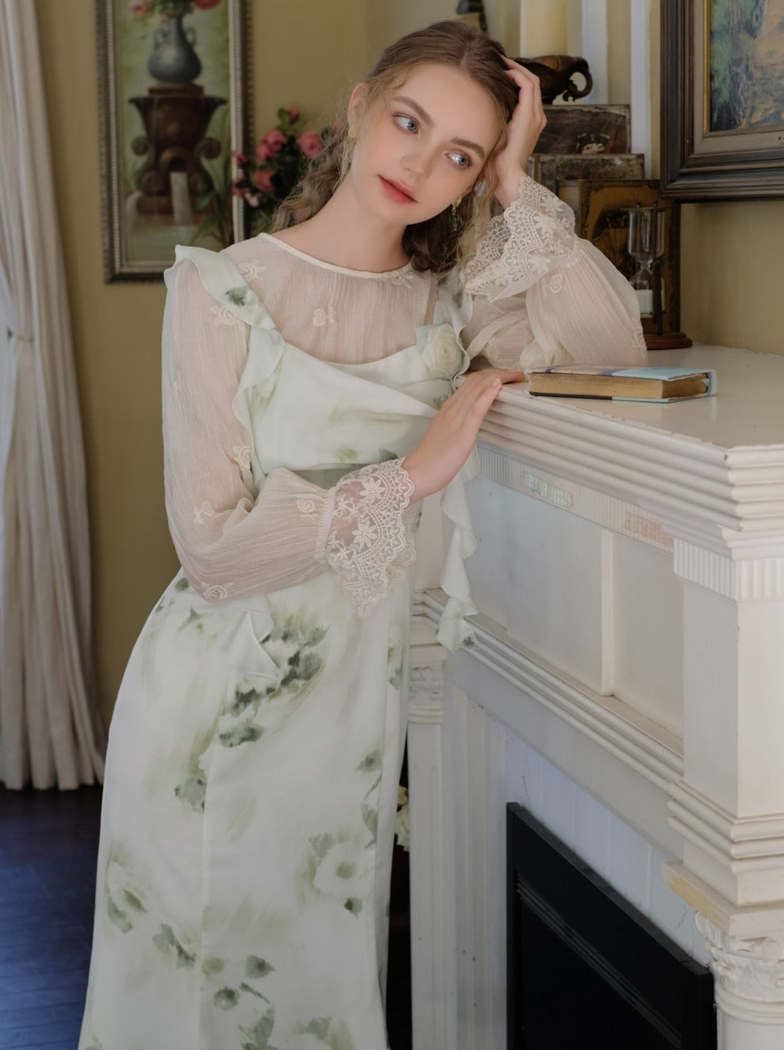 Skirt Top Green Camisole Flower Sheer + Chiffon