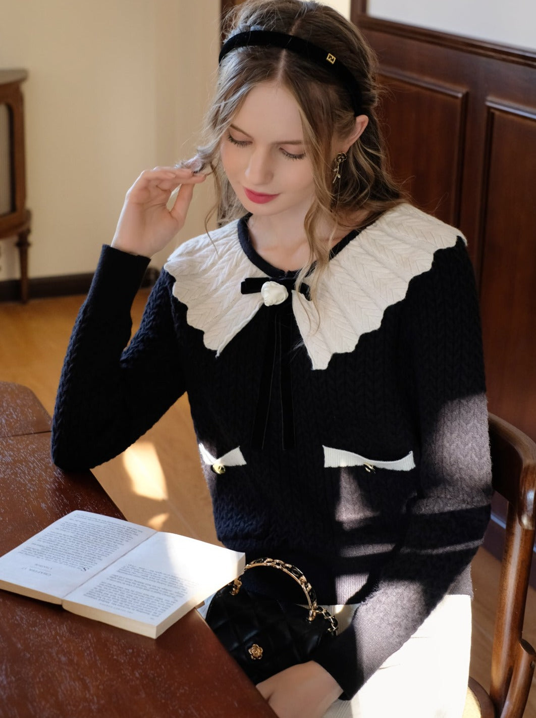 Sweater Block Web Ribbon Retro Lapel French Color Cardigan