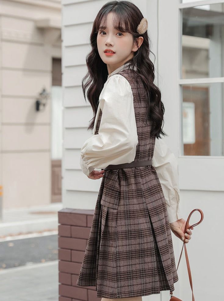 Checked Skirt Ribbon Shirt + Suspender