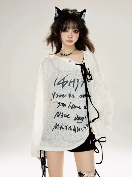 Long Straps Letter T Printed Off-the-shoulder White