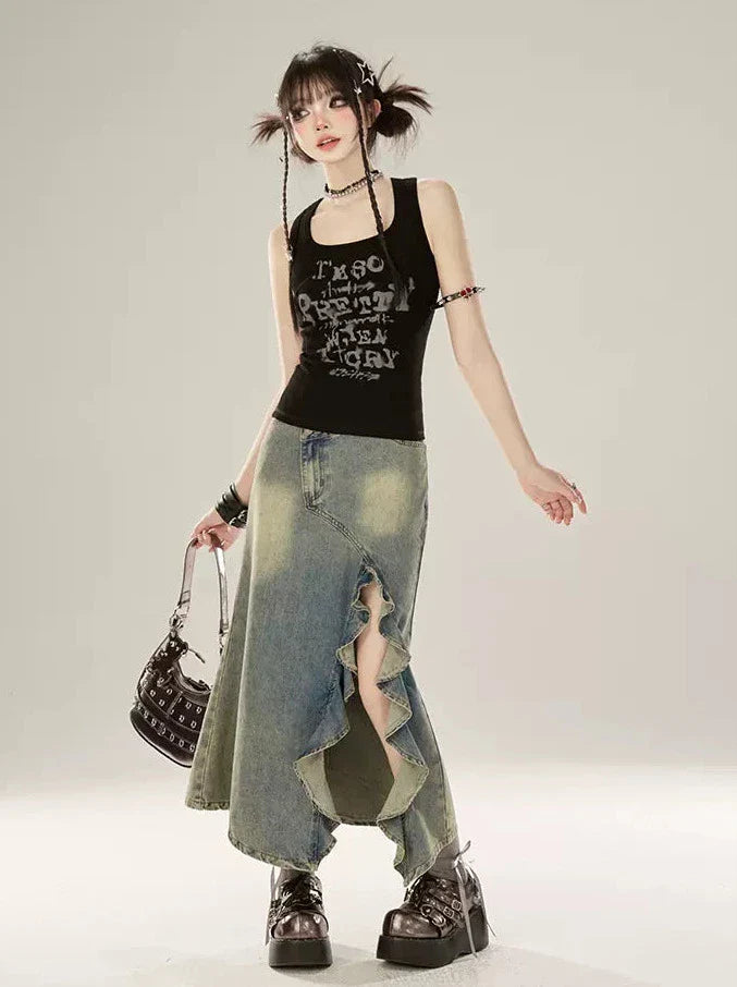 Tank Letter Black Top American Design Print