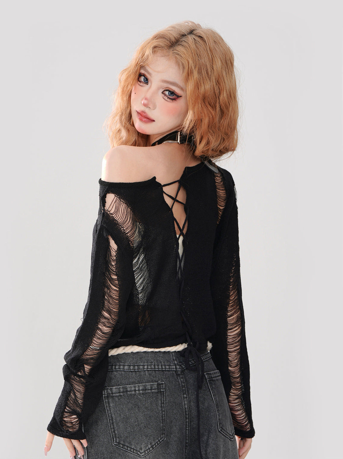 Short Top Ripped + Knit Off-Shoulder Lace-Up Top Back Tube