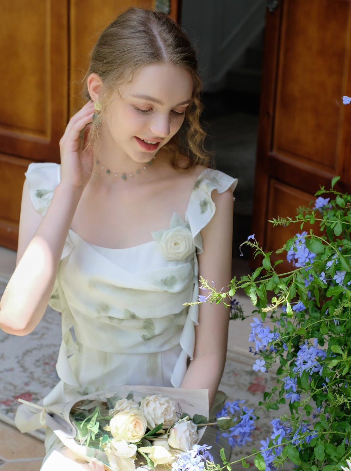 Skirt Top Green Camisole Flower Sheer + Chiffon