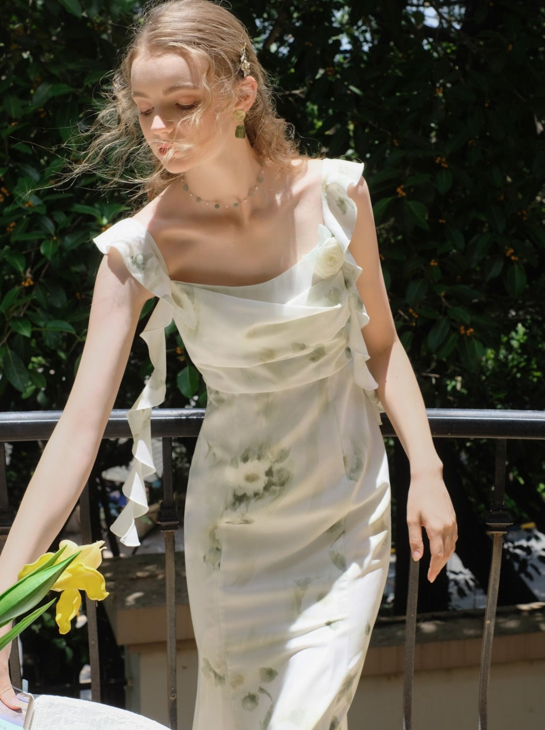 Skirt Top Green Camisole Flower Sheer + Chiffon