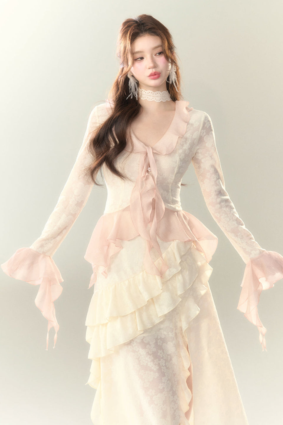 Top Sweet + Long Skirt Sheer Frilled
