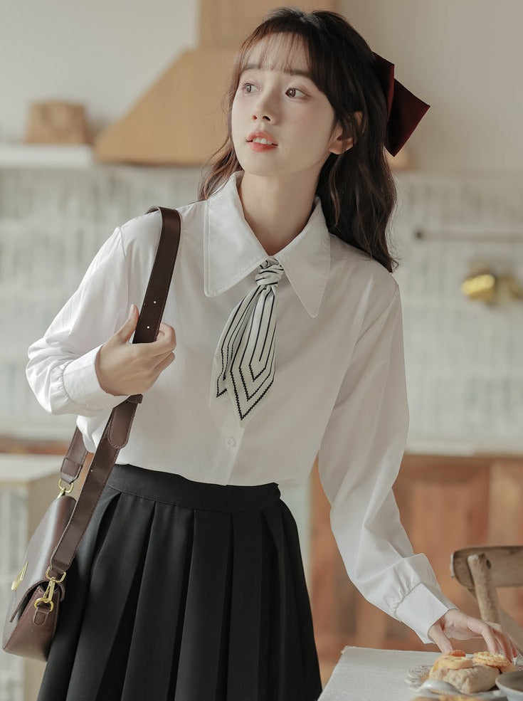 Scarf + Lapel Long Shirt Skirt Pleated