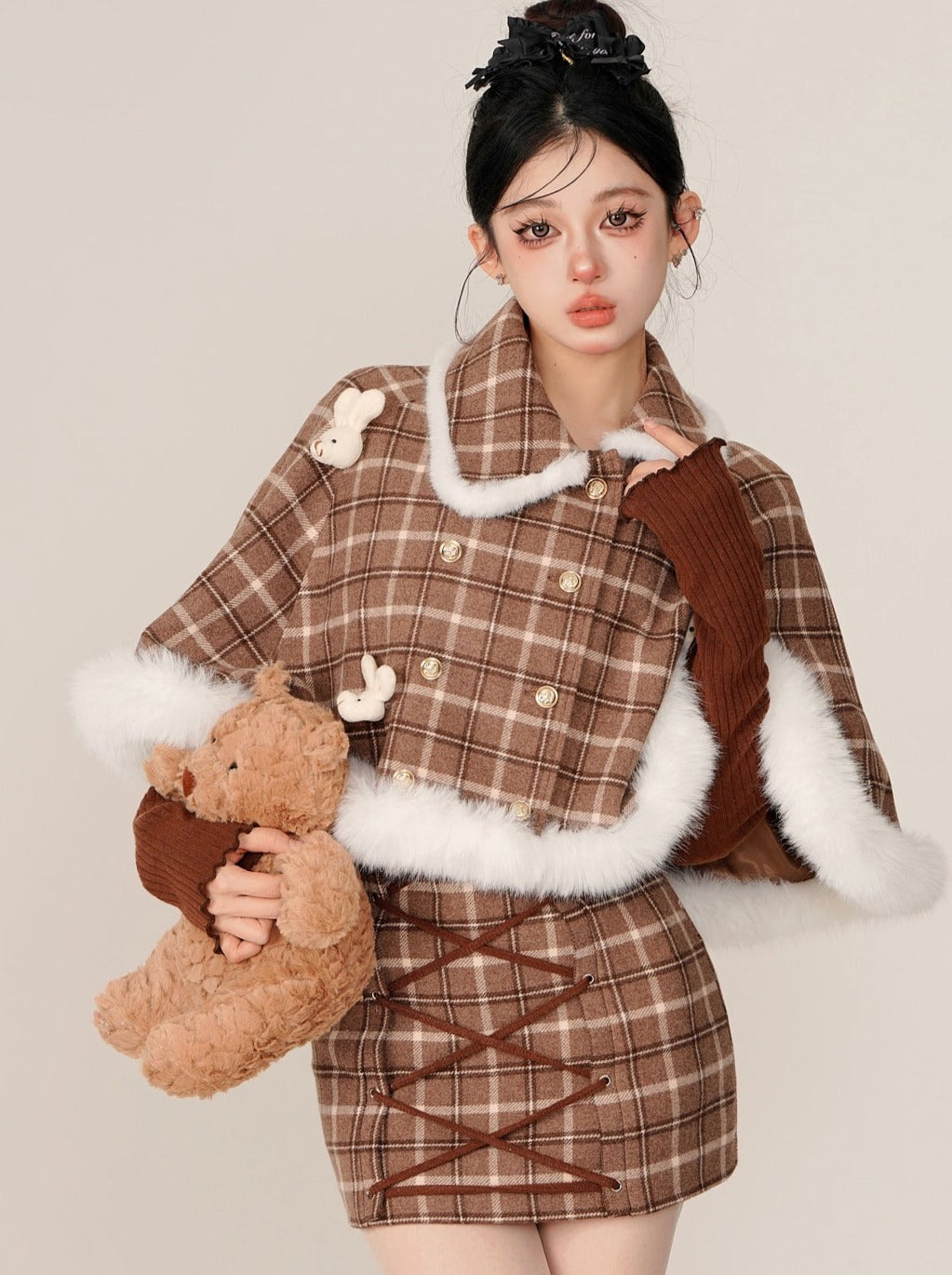 Check Rabbit Fur Mant + Tight Lace-Up Suspender Skirt