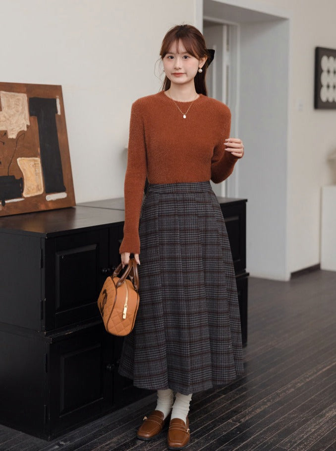 Gray Skirt Check Pleated Long Retro