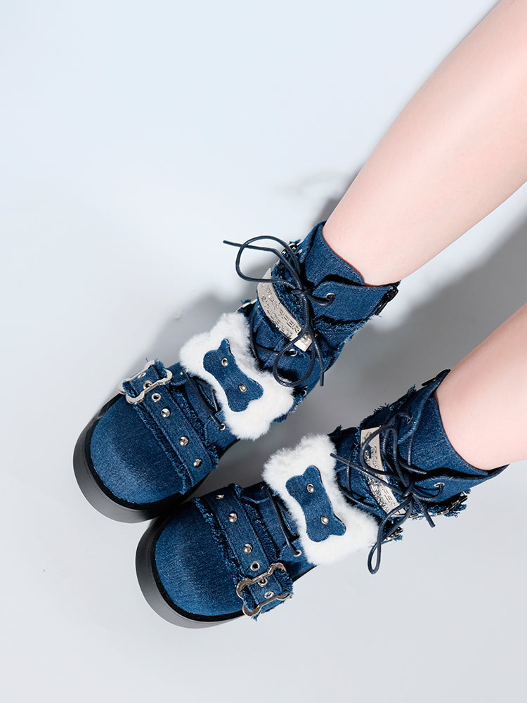 Knochen Kurze Denim-Zehen Runde Kleine Stiefel Plattform