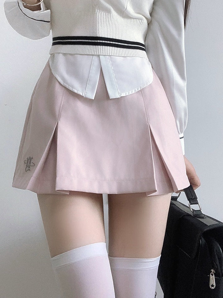 Veste Collège Gilet + Jupe Chemise Box + Slim Plissé Fille Doux Style Ruban