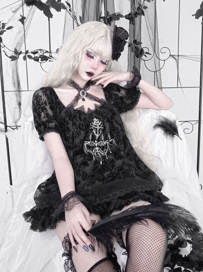 Dark Sleeve Puff Top Gothic Embroidery Lace