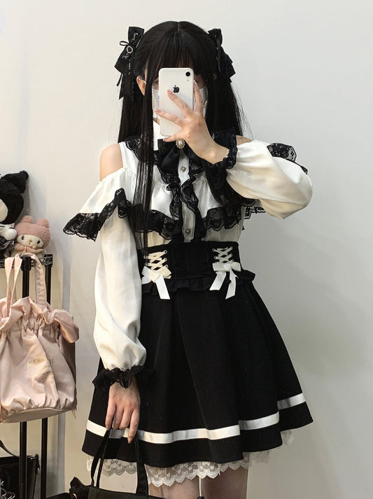 リボンレースオフショルダーシャツ