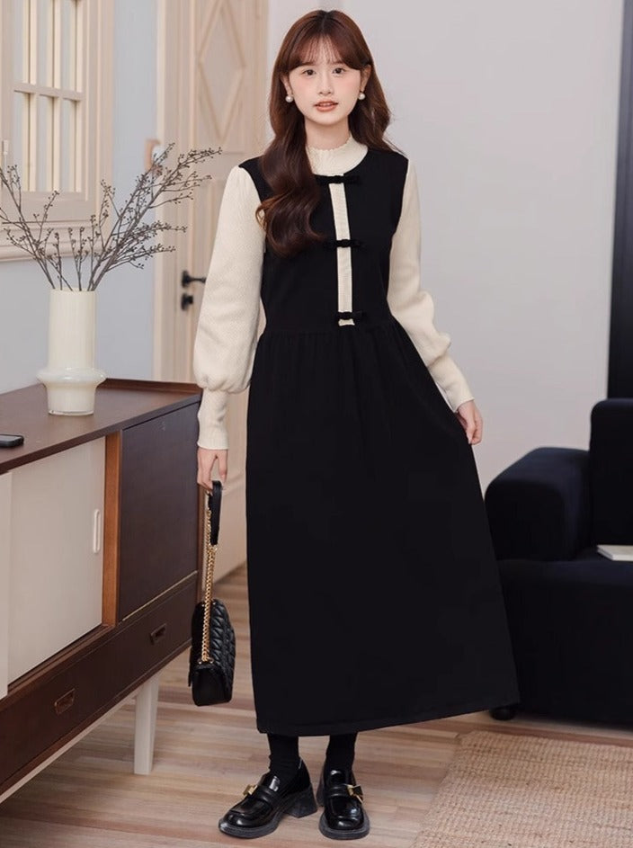 Piece Collar High Dress Half Two Contrast Faux