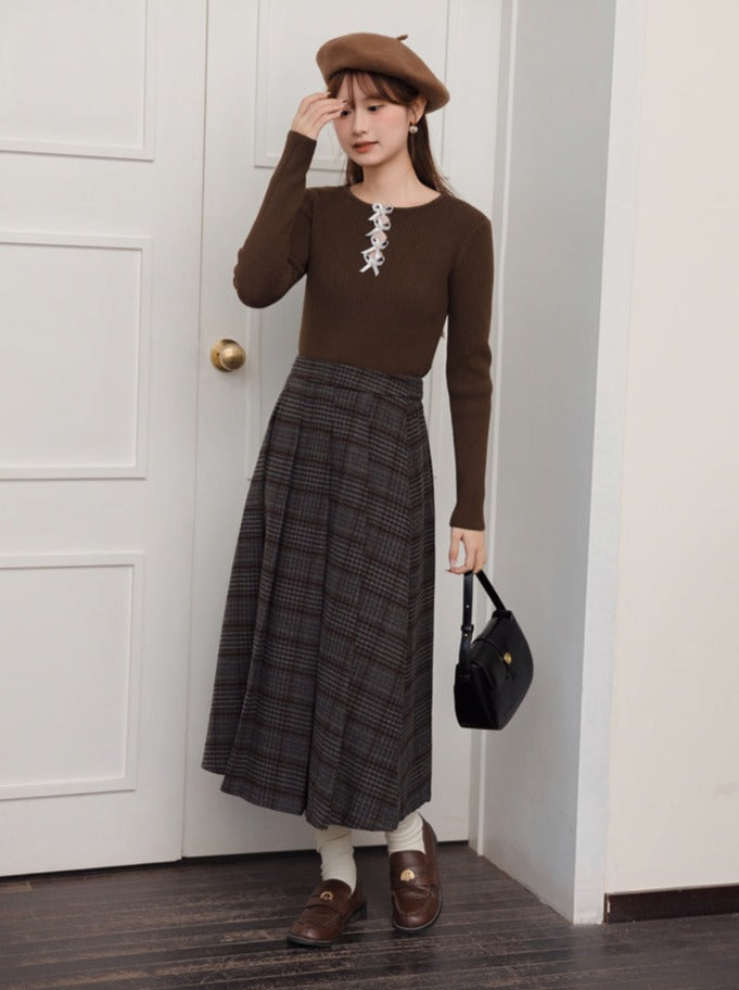 Gray Skirt Check Pleated Long Retro