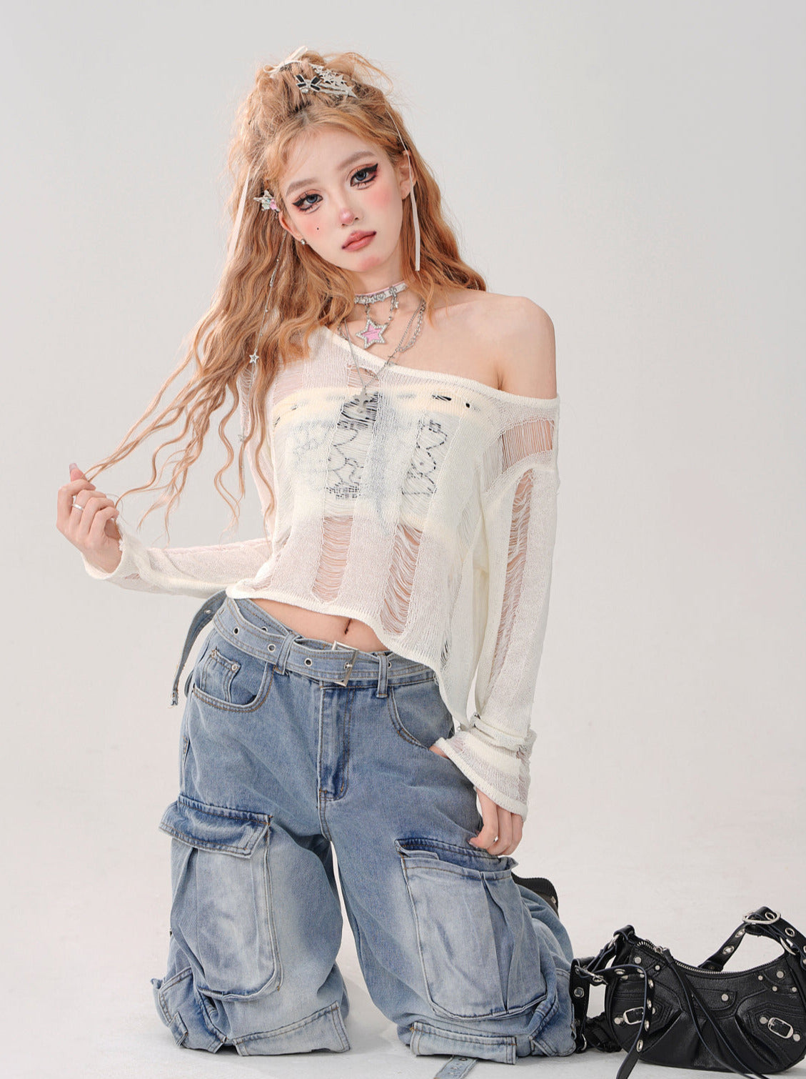 Short Top Ripped + Knit Off-Shoulder Lace-Up Top Back Tube