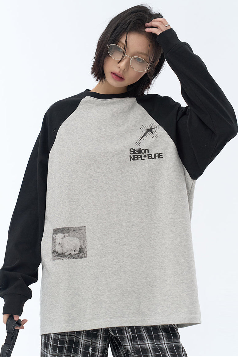 Fit Collision Long Sleeve Loose T-Shirt Print