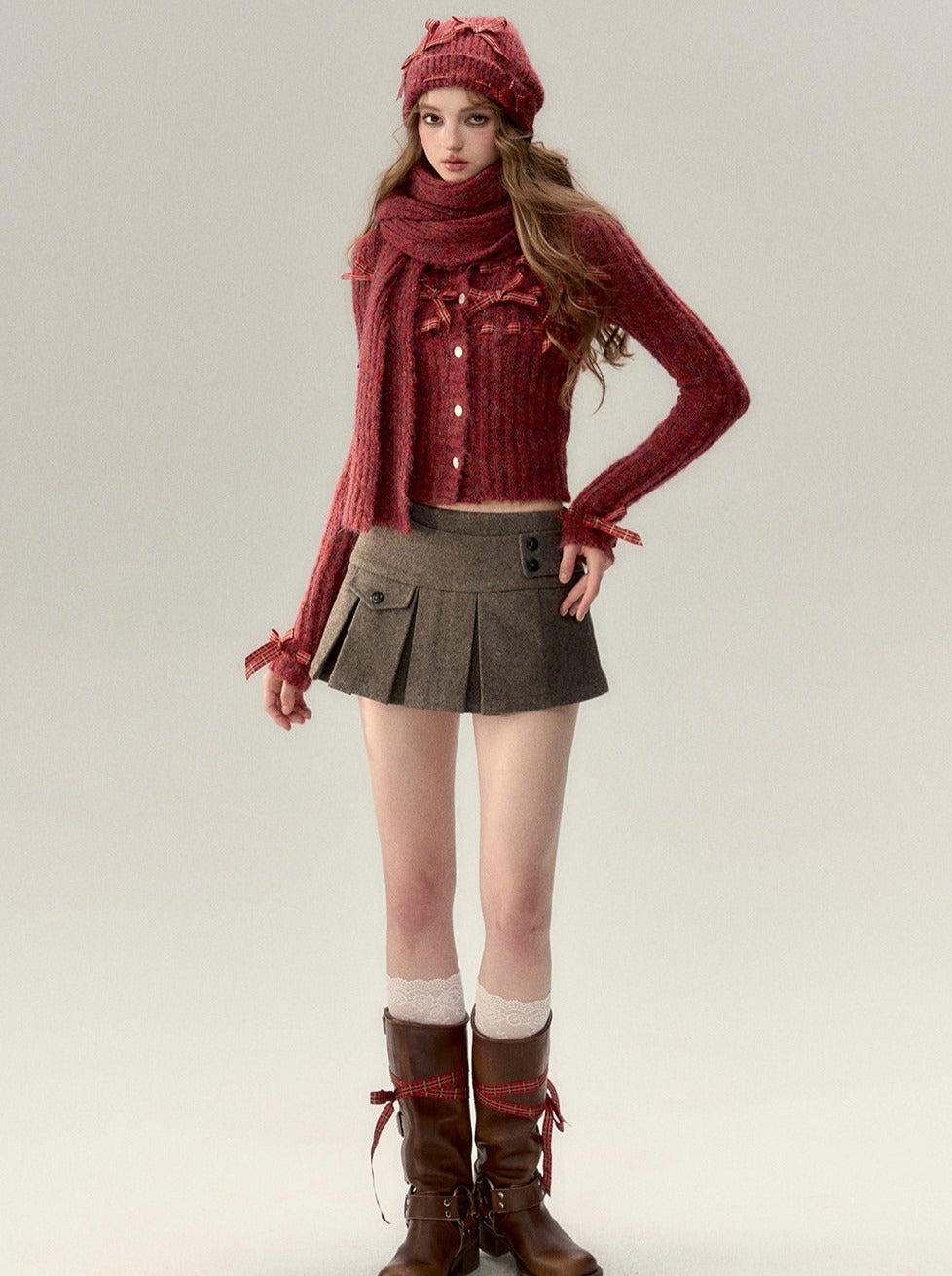 Button with Wool Pleated Skirt