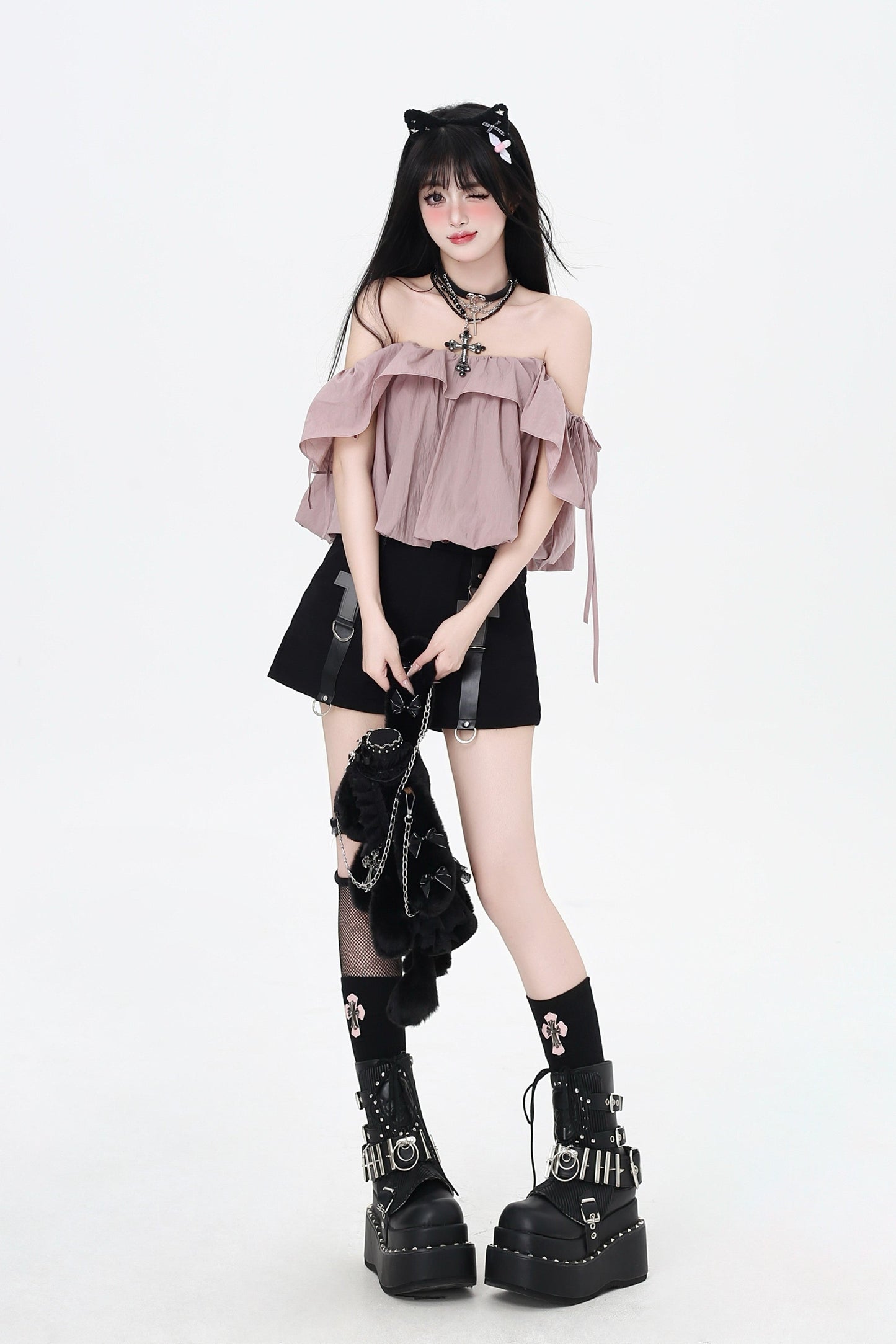 Drawstring One-Shoulder Skirt Top 3-Style