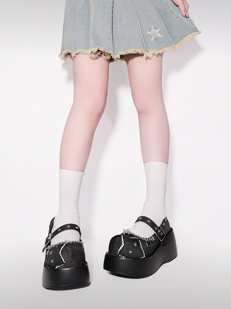 Buckle Star Toe Platform Denim One Punk Round Shoes