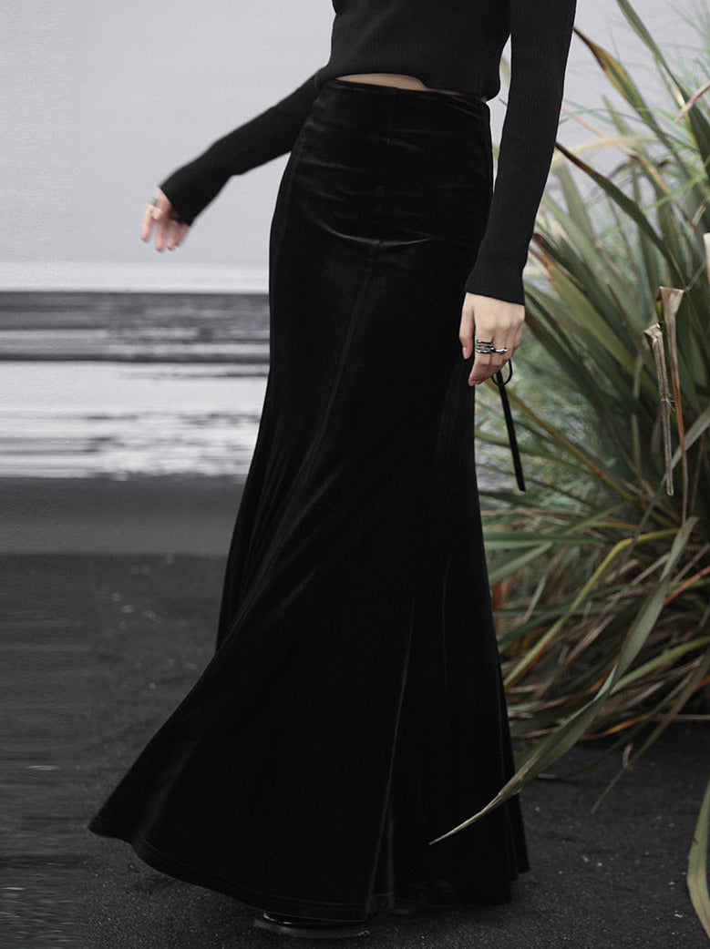 High Mermaid Velvet Black Waist Skirt Retro Back Long Up Lace